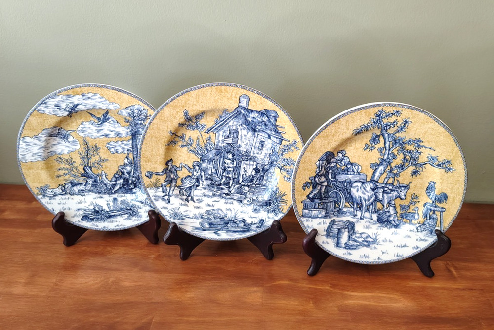 Set of 3 American Atelier Porcelain Salad Plates English Toile Blue Deco 5076